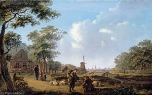A Village Landscape With A Shepherd Conversing With A Traveller, A City Beyond