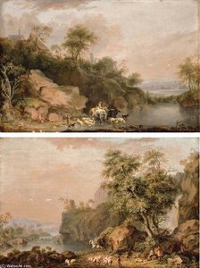 A Rocky River Landscape With Herdsmen Watering Their Cattle And Sheep; And A Rocky River Landscape With Travellers And A Shepherd On A Path