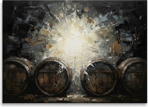 Radiant Burst Of Ochre Light Over Monumental Silhouetted Timber Vessels — Christian Noiret, Contemporary Abstract