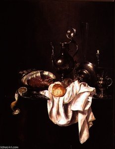 Still Life Of Ham And Silver Plate — Willem Claesz Heda