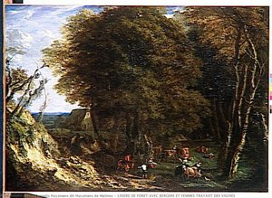 Lisiere De Foret Avec Bergers Et Femmes Trayant Des Vaches