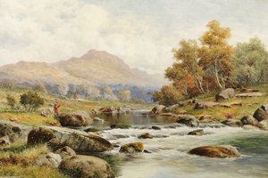 River Landscape With Figures Fishing — William Henry Mander