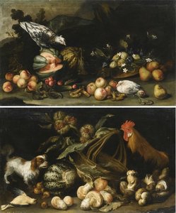 A forest floor still life with a dog, a cockerel, horse chestnuts and a melon; a forest floor still life with figs, pears, melons, apricots and cucumbers