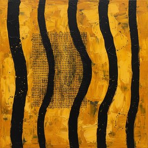 Rhythmic Obsidian Undulations Intersecting A Monumental Field Of Textured Ochre — Christian Noiret, Contemporary Abstract Painting