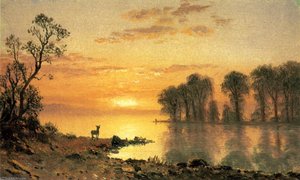 Sunset Deer And River — Albert Bierstadt
