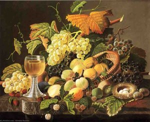 Still Life With Fruit, Bird's Nest And Wine Glass — Severin Roesen