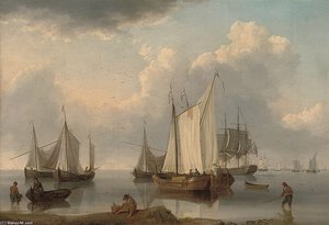 A British Warship, Dutch Barges And Other Coastal Craft On The Ijselmeer — William Anderson