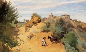 Genzano - Geißbockhirte Und Dorf — Jean-baptiste-camille Corot
