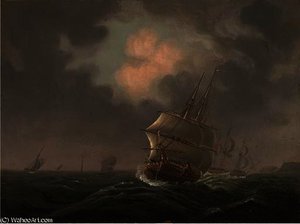 Frigates in close quarters, a lighthouse off their sterns