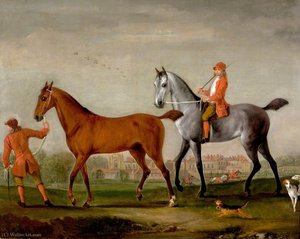 Two Racehorses With Grooms And Hounds In The Park At Newstead Abbey, Nottinghamshire — Peter Tillemans