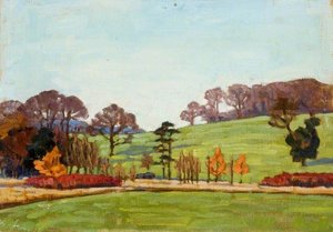 Landscape With Red Bushes — Myrtle Broome