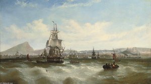 A Merchantman Preparing To Leave Her Anchorage Amidst Other Shipping Off Leith, With A Panorama Of Edinburgh Beyond — Adolphus Knell