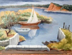 Coastal Scene With Sailing Boats — Elsie Barling
