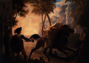 A coastal landscape with a cavalier purchasing an Arab stallion