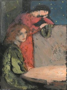 Two Girls By A Table Look Out On A Starry Night — Frederick Cayley Robinson