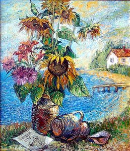 Bouquet With Sunflowers With Landscape — David Davidovich Burliuk