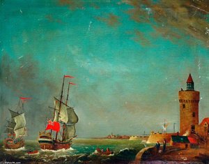 Royal Navy Ships Entering A Fortified Harbour