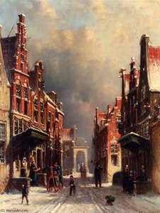 Petrus Gerardus A Town View In Winter With Figures Conversing On Porches — Pieter Gerard Vertin, Contemporary Realism