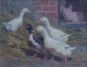 Chickens In A Farmyard With A Piglet — Claude Cardon