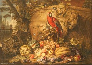 Still Life of Fruit with a Parrot in a Garden