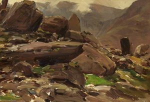 A Mountainous Lake Scene with Rocks in the Foreground