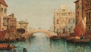 Vessels On A Venetian Canal By A Bridge