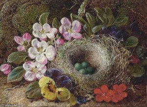 Apple Blossom, Pansies And A Bird's Nest With Eggs On A Mossy Bank — Vincent Clare
