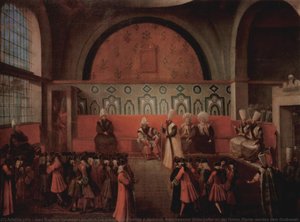 Deutsch Die Kinder des Vicomte d'Andrezel, französischer Botschafter an der Hohen Pforte, werden dem Großwesir Ibrahim Pasha vorgestellt, 10. Oktober 1724 日本語 大宰相イブラヒムパシャに謁見するフランス大使。1724年10月10日 (油彩画・個人蔵)