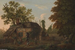 Hop Pickers Outside A Cottage — George Smith
