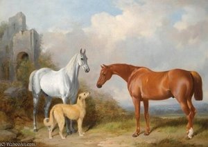 A Grey And A Chestnut Hunter With A Deerhound — William Barraud