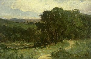 Untitled (landscape With Road Near Stream And Trees), (painting) — Edward Mitchell Bannister
