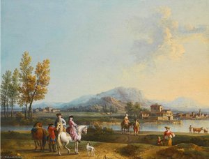 An Italianate Landscape With Elegant Figures On Horseback — Giovanni Battista Cimaroli