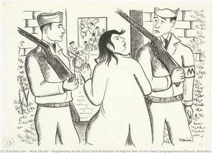 Registering At The Civil Control Station At Pilgrim Hall Of The First Congregational Church, Berkeley, California, 1942 — Miné Okubo