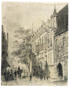 The Townhall At Kampen With Figures In A Street — Cornelis Springer