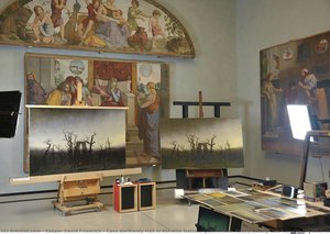 Casa Bartholdy Hall In The Alte Nationalgalerie With Abbey Among Oak Trees In The Final State (left) And Photo Of The Previous State — Caspar David Friedrich, Romantic Landscape Painting