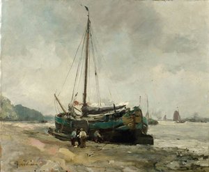 A Moored Tjalk On A Riverbank — August Willem Van Voorden