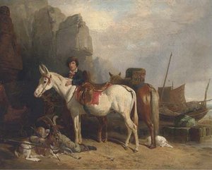 Figures On A Beach, With Ponies And Fishing Boats — Richard Westall