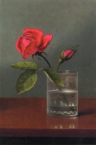 Red Rose And Bud In A Tumbler On A Shiny Table — Martin Johnson Heade