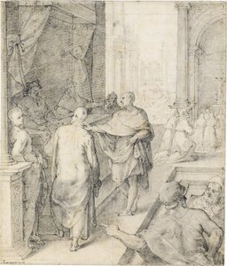 The Foundation Of The Church Of St. Chiara An Assembly Presided Over By Two Cardinals, In The Background Worshippers Kneeling At An Altar — Pomarancio