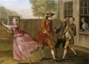The Elopement Pamela Flying To The Coach, While Lady Danvers Sends Two Of Her Footmen To Stop Her (from Samuel Richardson's 'pamela', 1740) (a Vauxhall Supper Box Picture) — Francis Hayman