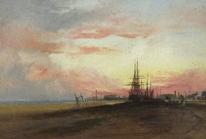 Beach With Nets Drying And Tall Ships — George Hornblower Simms