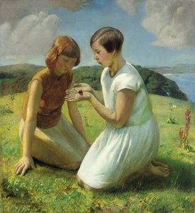 Two Young Girls With A Butterfly — Harold Harvey