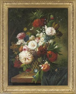 Roses, Crysanthemums, Parrot Tulips, Carnations, Larkspur, And Butterlies On A Stone Ledge — Thomas George Webster