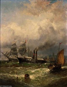 A paddlesteamer and other shipping off a harbour mouth