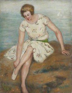 Portrait Of A Seated Lady Putting On Her Slippers — Georges Van Houten