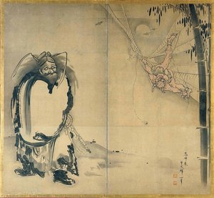 Shoki Atrapando A Un Demonio En Una Telaraña — Soga Shōhaku, Periodo Muromachi