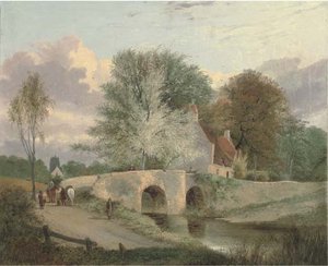Figures On A Bridge With A Cottage Beyond — Alfred Stannard