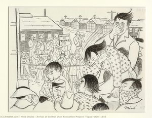 Arrival At Central Utah Relocation Project, Topaz, Utah, 1942 — Miné Okubo
