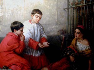 Choir boys buying chestnuts from Gypsy