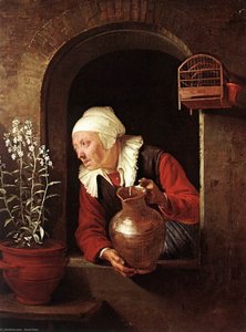 Ancianita regando flores